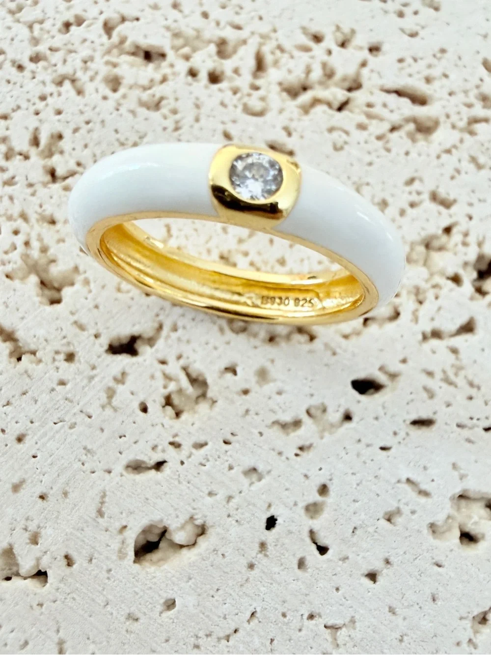 🤍 White Enamel Gold Gem 925 Sterling Silver Ring